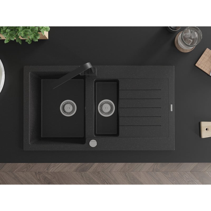 Mexen Matias lavello in granito a 1,5 vasche con scolapiatti e miscelatore da cucina Rita, nero/argento metallizzato