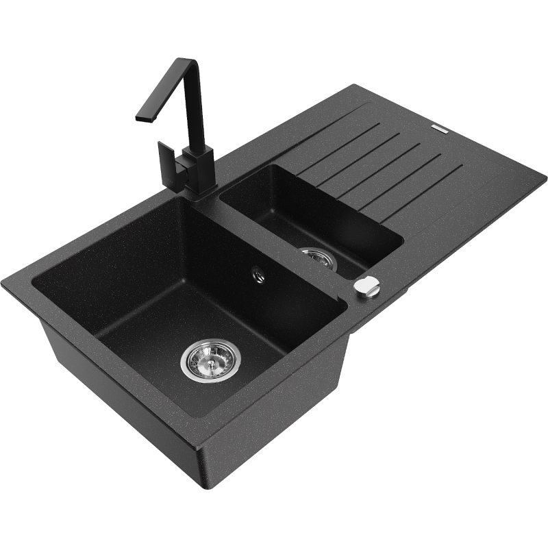 Mexen Matias granite sink 1.5-bowl with drainer and kitchen tap Rita, black/silver metallic - 6502-73-670300-70