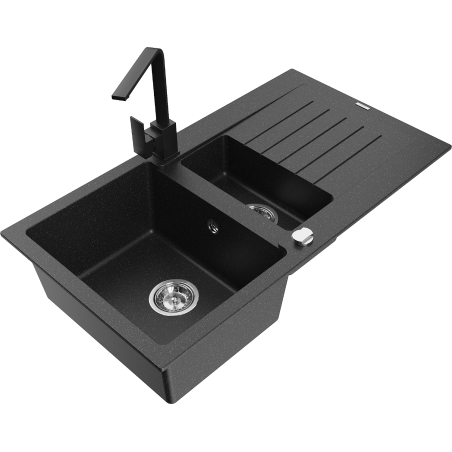Mexen Matias granite sink 1.5-bowl with drainer and kitchen tap Rita, black/silver metallic - 6502-73-670300-70