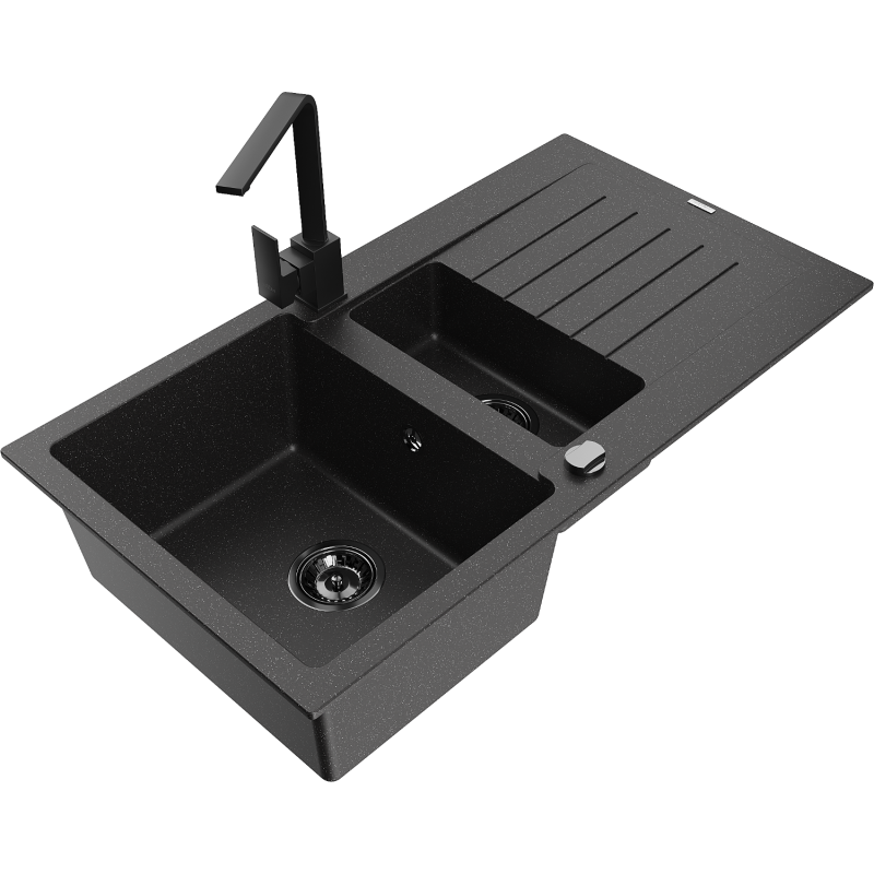 Mexen Matias fregadero de granito 1,5 senos con escurridor y grifo de cocina Rita, negro/plata - 6502-73-670300-70-B