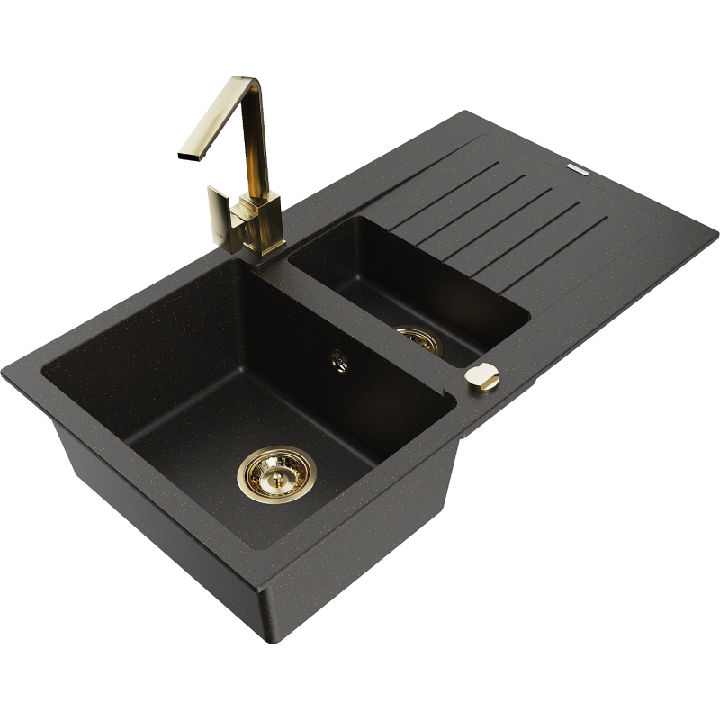 Mexen Matias granieten spoelbak 1,5-komers met afdruiprek en keukenkraan Rita, zwart/goud - 6502-75-670300-50