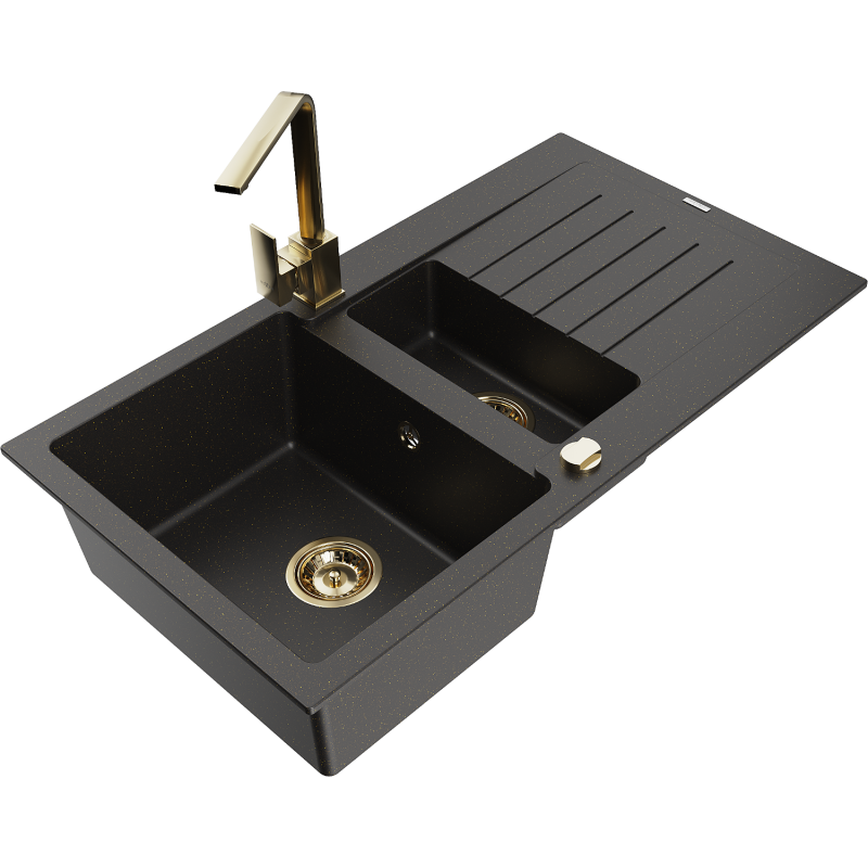 Mexen Matias lavello in granito 1,5 vasche con scolapiatti e rubinetto cucina Rita, nero/oro - 6502-75-670300-50