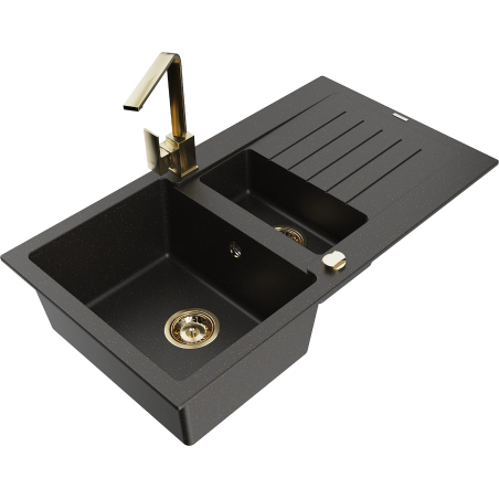 Mexen Matias fregadero de granito de 1,5 senos con escurridor y grifo de cocina Rita, negro/dorado - 6502-75-670300-50