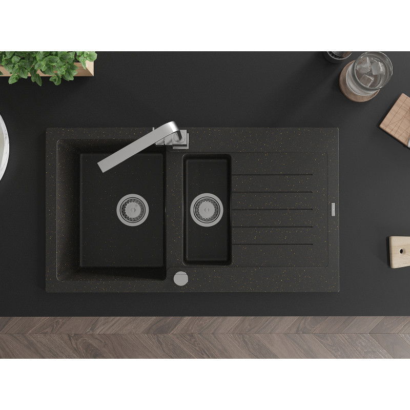 Mexen Matias évier en granit 1,5 bac avec égouttoir et mitigeur de cuisine Rita, noir/or - 6502-75-670300-00