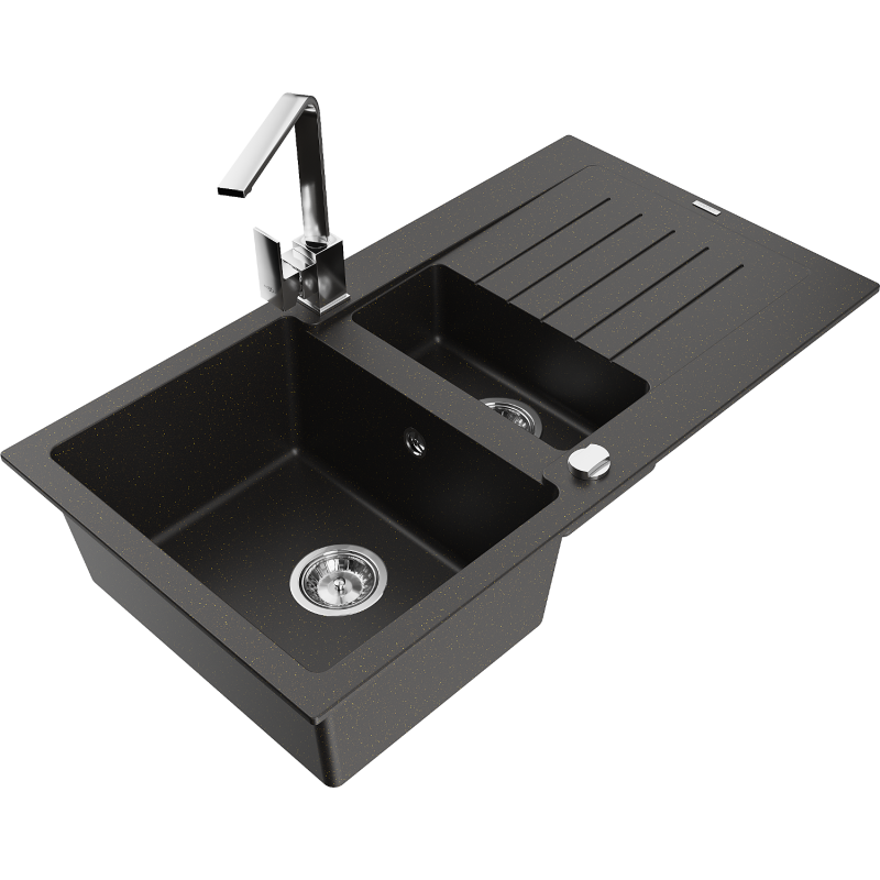 Mexen Matias fregadero de granito de 1,5 senos con escurridor y grifo de cocina Rita, negro/dorado - 6502-75-670300-00