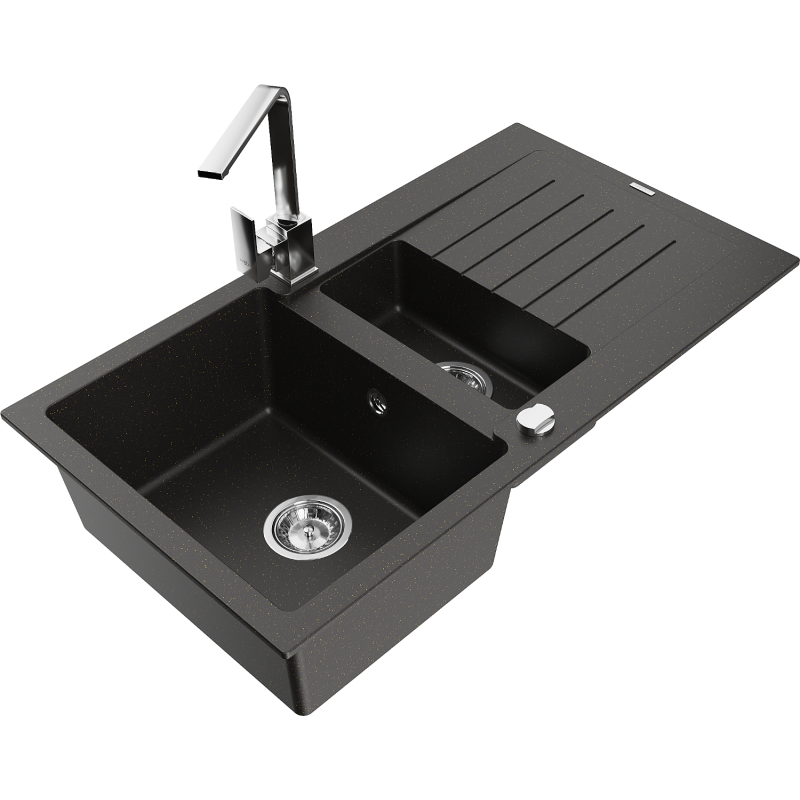 Mexen Matias Graniittinen 1,5-allaskeittiöallas tyhjennysalueella ja keittiöhanalla Rita, musta/kulta - 6502-75-670300-00