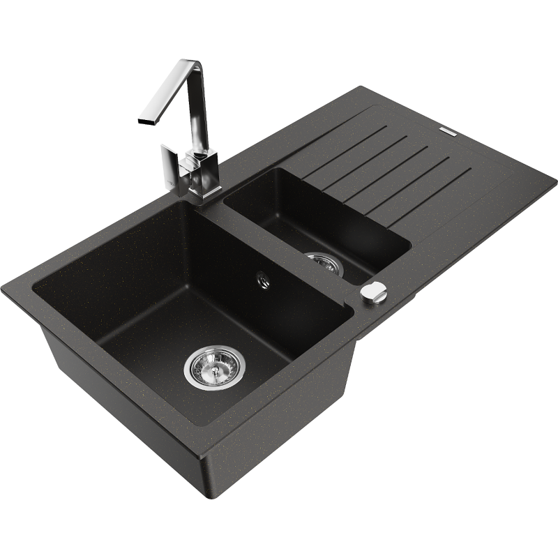 Mexen Matias lava-loiça de granito de 1,5 bacias com escorredor e torneira de cozinha Rita, preto/dourado - 6502-75-670300-00