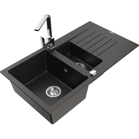 Mexen Matias granitdiskbänk 1,5-fack med avrinningsyta och köksblandare Rita, svart/guld - 6502-75-670300-00