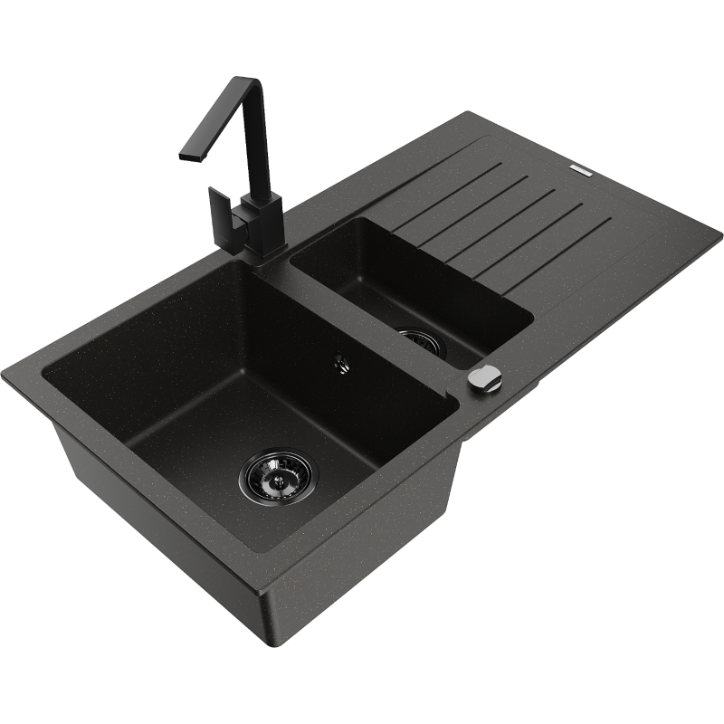 Mexen Matias fregadero de granito 1,5 tazones con escurridor y grifo de cocina Rita, negro/dorado - 6502-75-670300-50-B