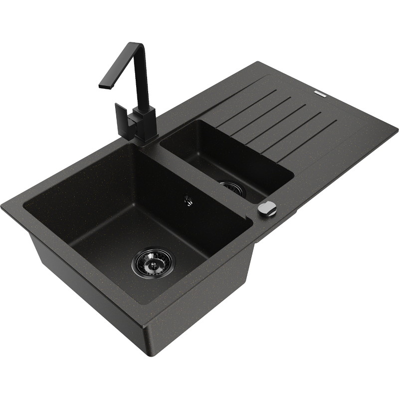 Mexen Matias fregadero de granito de 1,5 senos con escurridor y grifo de cocina Rita, negro/oro - 6502-75-670300-50-B