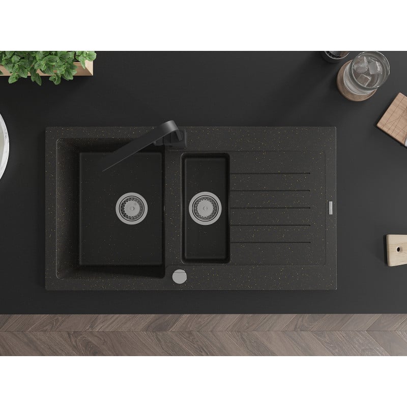 Mexen Matias évier en granit 1,5 bac avec égouttoir et robinet de cuisine Rita, noir/or - 6502-75-670300-70