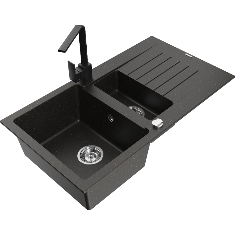 Mexen Matias fregadero de granito de 1,5 senos con escurridor y grifo de cocina Rita, negro/dorado - 6502-75-670300-70