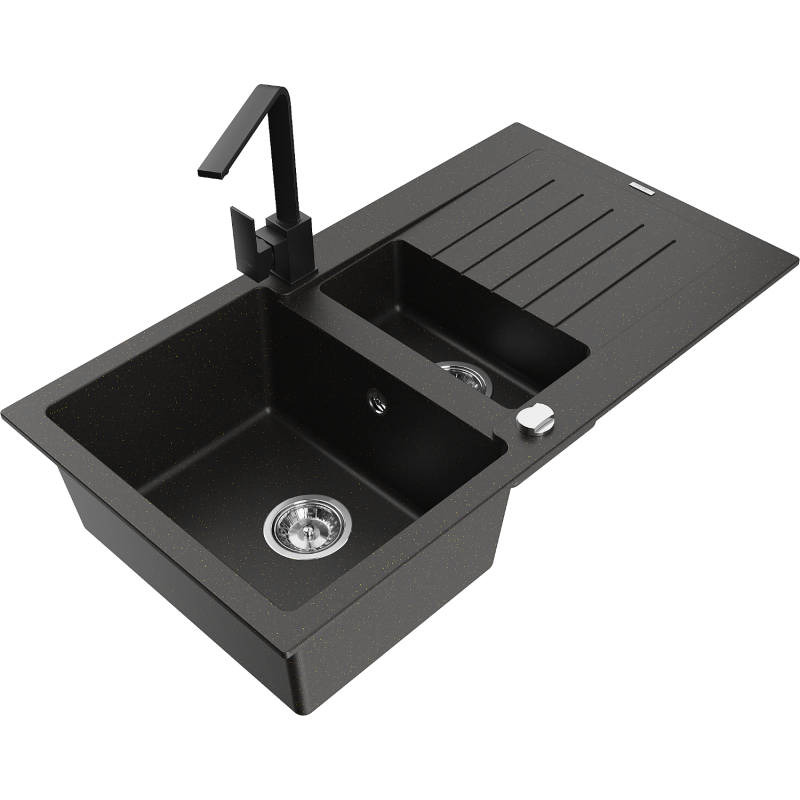 Mexen Matias granite sink 1.5-bowl with drainer and Rita kitchen tap, black/gold - 6502-75-670300-70