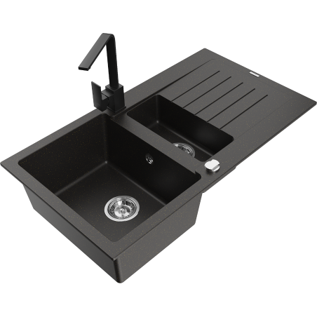 Mexen Matias granite sink 1.5-bowl with drainer and Rita kitchen tap, black/gold - 6502-75-670300-70