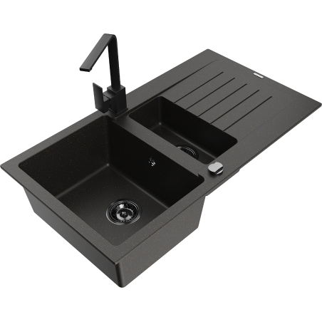 Mexen Matias 1.5-Bowl Granite Kitchen Sink with Drainer and Rita Kitchen Tap, Black/Gold - 6502-75-670300-70-B