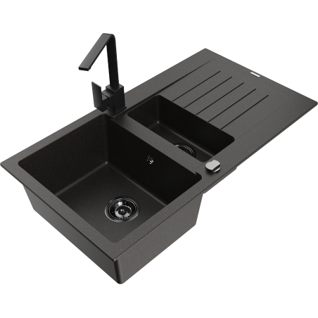 Mexen Matias granite sink 1.5-bowl with drainer and kitchen faucet Rita, black/gold - 6502-75-670300-70-B