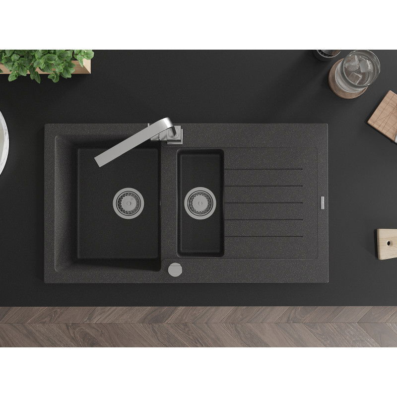 Mexen Matias granite sink 1.5-bowl with drainer and Rita kitchen tap, speckled black - 6502-76-670300-00