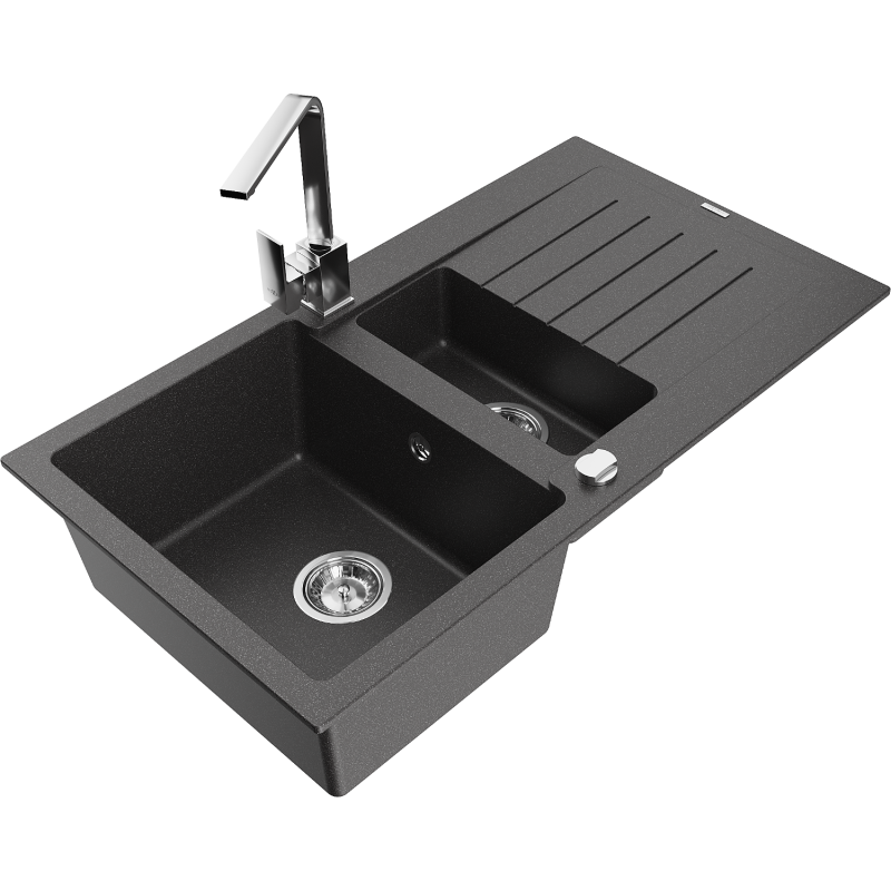 Mexen Matias granite sink 1.5-bowl with drainer and Rita kitchen tap, speckled black - 6502-76-670300-00