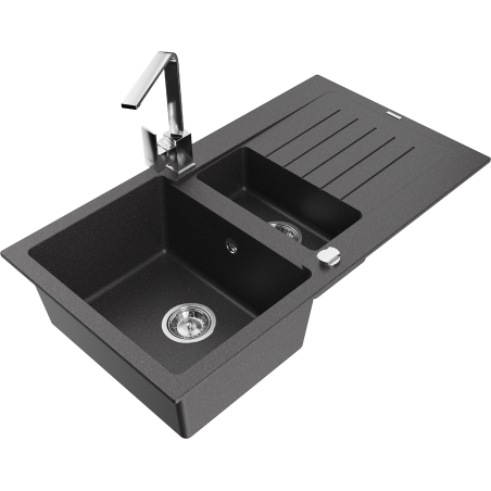 Mexen Matias granite sink 1.5-bowl with drainer and Rita kitchen tap, speckled black - 6502-76-670300-00