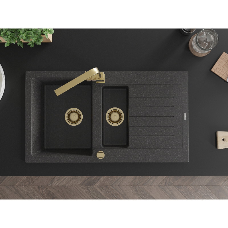Mexen Matias lavello in granito 1,5 vasche con scolapiatti e rubinetto da cucina Rita, nero maculato - 6502-76-670300-50