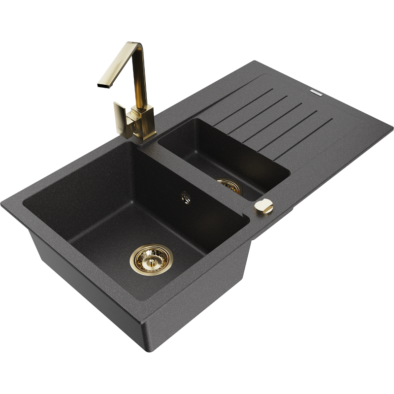 Mexen Matias 1.5-bowl Granite Sink with Drainer and Rita Kitchen Tap, Speckled Black - 6502-76-670300-50