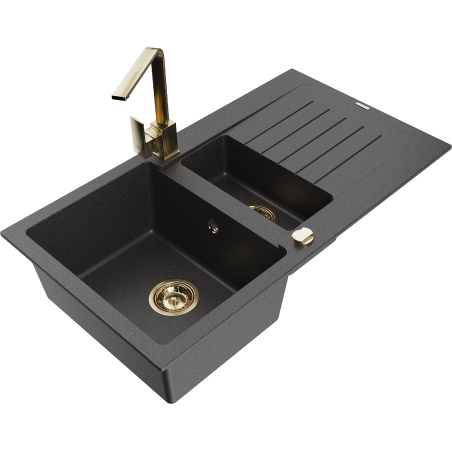 Mexen Matias fregadero de granito de 1,5 senos con escurridor y grifo de cocina Rita, negro moteado - 6502-76-670300-50