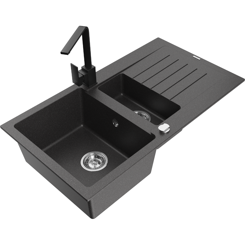 Mexen Matias fregadero de granito de 1,5 senos con escurridor y grifo de cocina Rita, negro moteado - 6502-76-670300-70