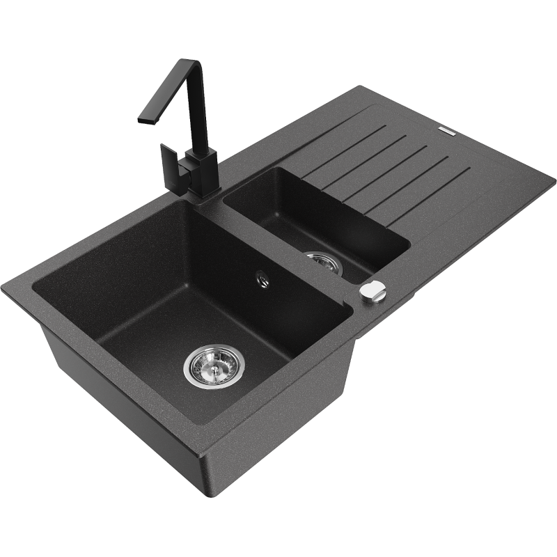 Mexen Matias granite sink 1.5-bowl with drainer and Rita kitchen tap, black speckled - 6502-76-670300-70