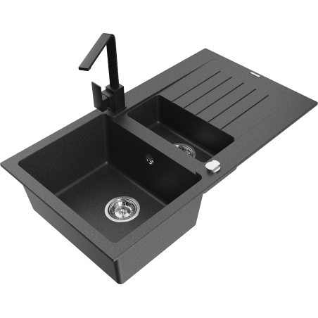 Mexen Matias granite sink 1.5-bowl with drainer and Rita kitchen tap, black speckled - 6502-76-670300-70