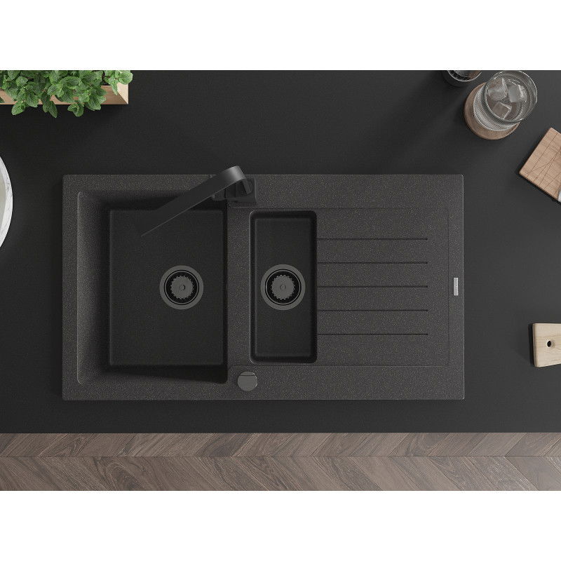 Mexen Matias Granitspüle 1,5-fach mit Abtropffläche und Küchenarmatur Rita, schwarz gesprenkelt - 6502-76-670300-70-B