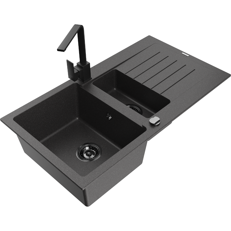 Mexen Matias fregadero de granito de 1,5 senos con escurridor y grifo de cocina Rita, negro moteado - 6502-76-670300-70-B