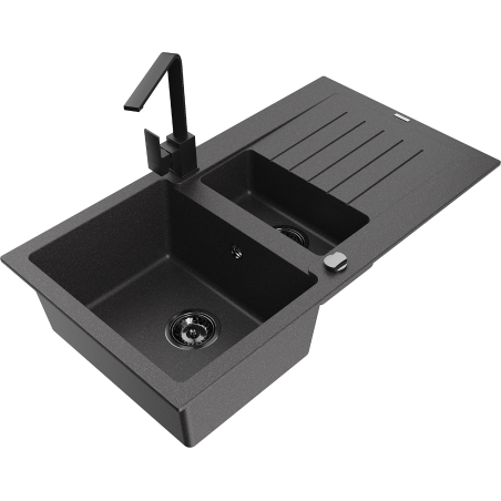 Mexen Matias fregadero de granito de 1,5 senos con escurridor y grifo de cocina Rita, negro moteado - 6502-76-670300-70-B