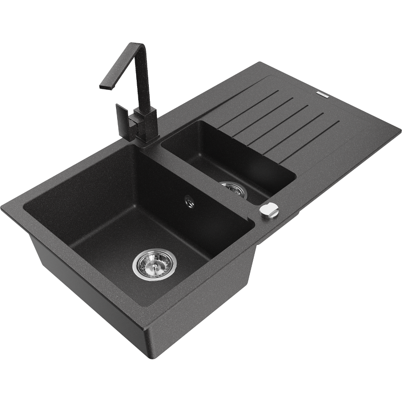 Mexen Matias granite sink 1.5-bowl with drainer and kitchen tap Rita, speckled black - 6502-76-670300-76