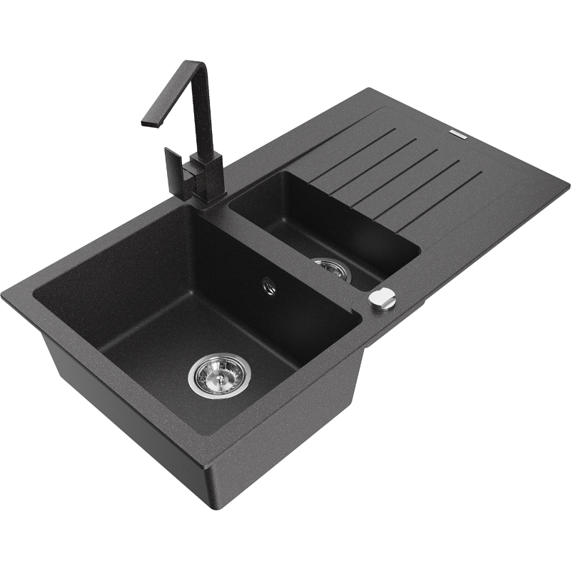 Mexen Matias lava-loiça de granito 1,5 bacias com escorredor e torneira de cozinha Rita, preto salpicado - 6502-76-670300-76