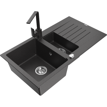 Mexen Matias granite sink 1.5-bowl with drainer and kitchen tap Rita, speckled black - 6502-76-670300-76