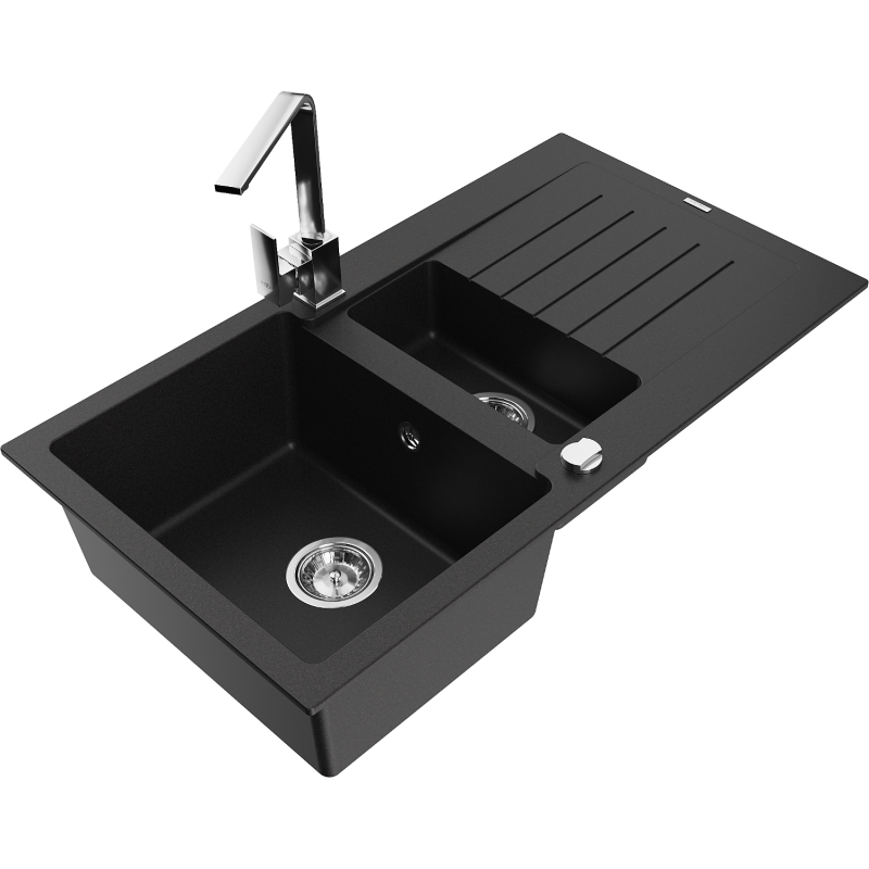 Mexen Matias Granite Sink 1.5 Bowl with Drainer and Rita Kitchen Tap, Black - 6502-77-670300-00