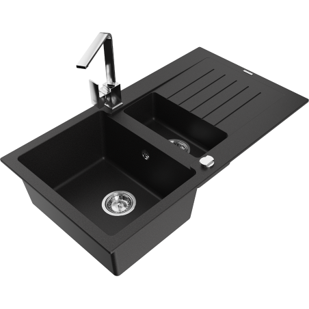 Mexen Matias fregadero de granito de 1,5 cubetas con escurridor y grifo de cocina Rita, negro - 6502-77-670300-00