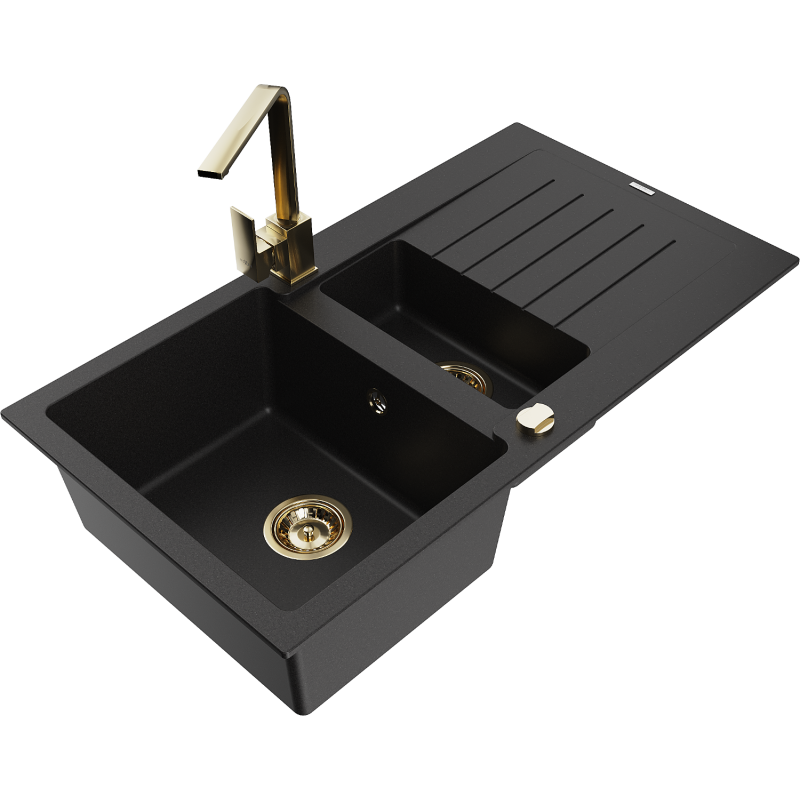 Mexen Matias fregadero de granito de 1,5 senos con escurridor y grifo de cocina Rita, negro - 6502-77-670300-50