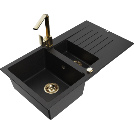 Mexen Matias fregadero de granito de 1,5 senos con escurridor y grifo de cocina Rita, negro - 6502-77-670300-50