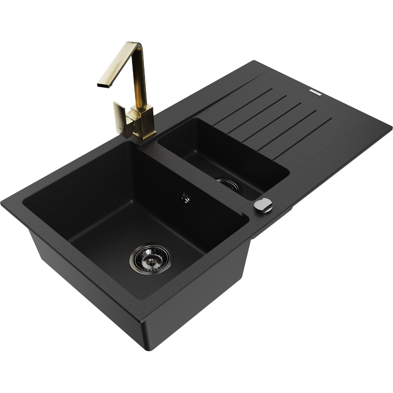 Mexen Matias fregadero de granito de 1,5 senos con escurridor y grifo de cocina Rita, negro - 6502-77-670300-50-B