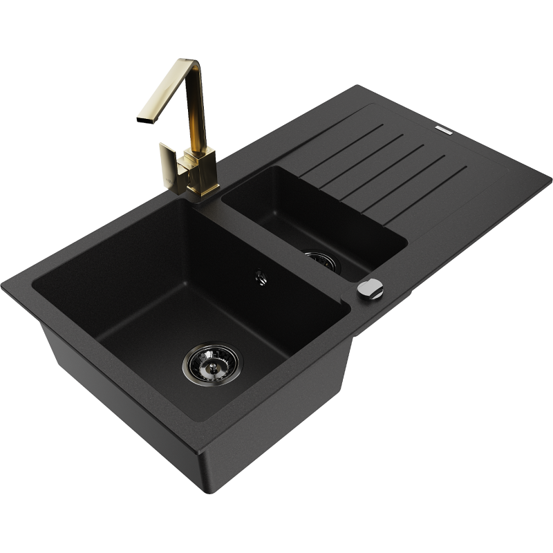 Mexen Matias granite sink 1.5-bowl with drainer and Rita kitchen tap, black - 6502-77-670300-50-B