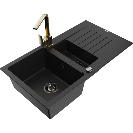Mexen Matias granīta izlietne 1,5 nodalījumu ar noteku un virtuves jaucējkrānu Rita, melna - 6502-77-670300-50-B