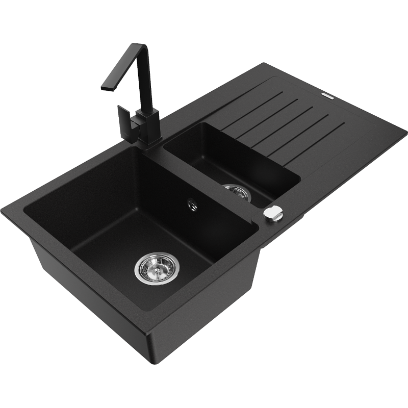 Mexen Matias fregadero de granito de 1,5 senos con escurridor y grifo de cocina Rita, negro - 6502-77-670300-70