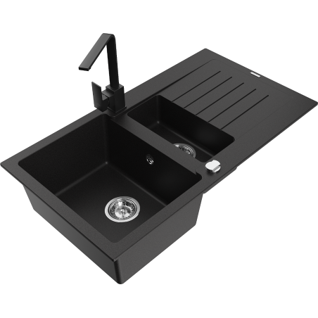 Mexen Matias fregadero de granito de 1,5 tazones con escurridor y grifo de cocina Rita, negro - 6502-77-670300-70