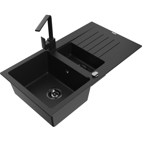Mexen Matias 1.5-bowl granite sink with drainer and Rita kitchen faucet, black - 6502-77-670300-70-B