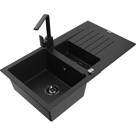 Mexen Matias granite sink 1.5-bowl with drainer and kitchen tap Rita, black - 6502-77-670300-70-B