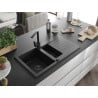 Mexen Matias 1.5-bowl granite sink with drainer and Rita kitchen faucet, black - 6502-77-670300-70-B