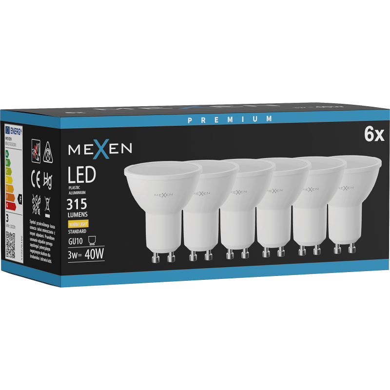 Mexen Nova 6x LED spuldze GU10, 3W, Silts - 3000K, 315 lm - L107-GU10-0330-01x06