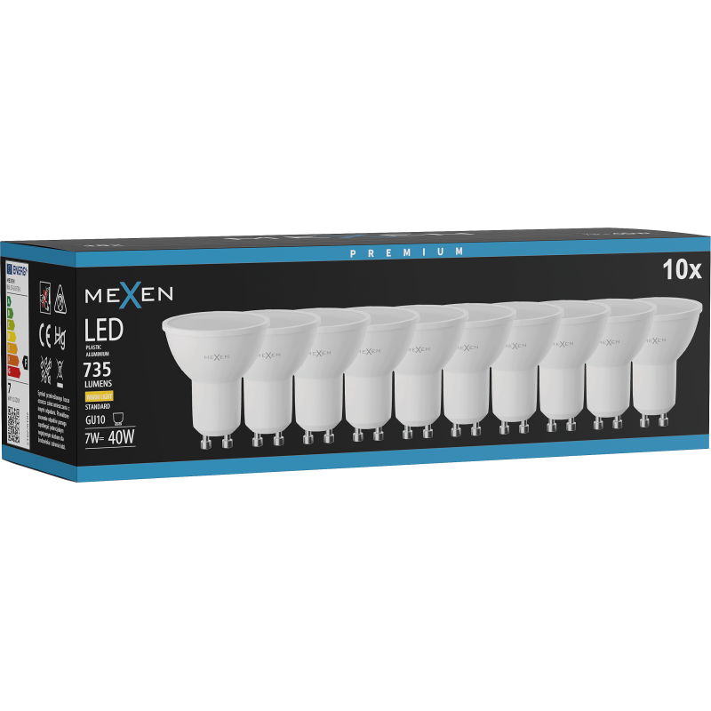 Mexen Nova 10x LED spuldze GU10, 7W, Silts - 3000K, 735 lm - L107-GU10-0730-01x10