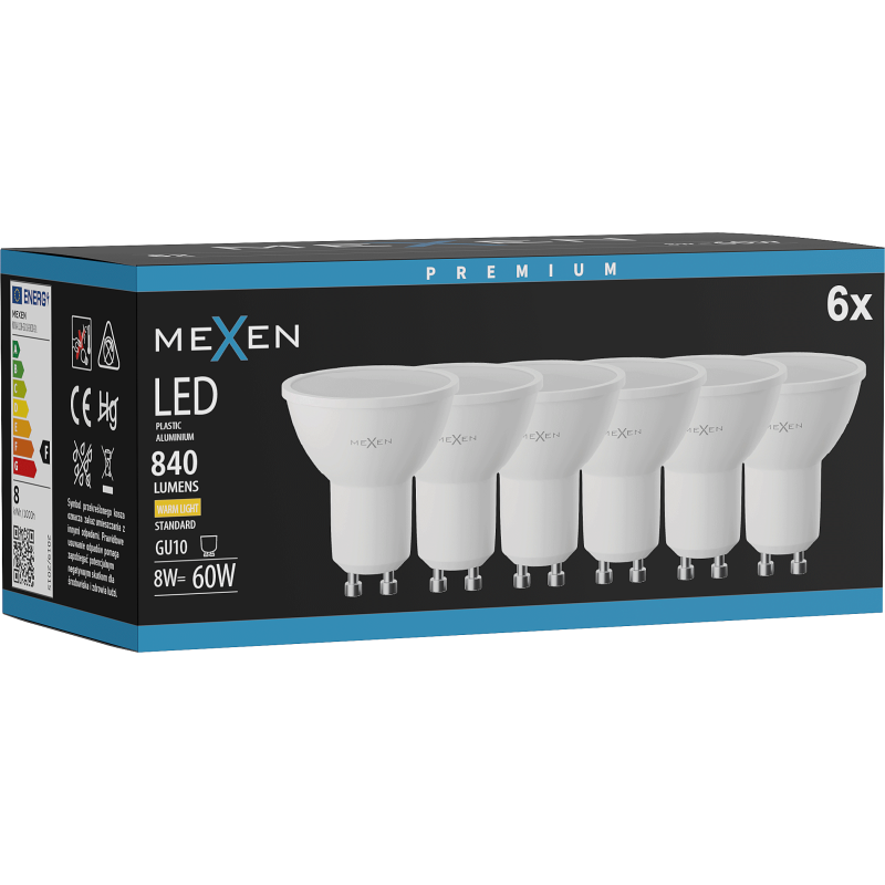 Mexen Nova 6x LED spuldze GU10, 8W, Silti - 3000K, 840 lm - L108-GU10-0830-01x06